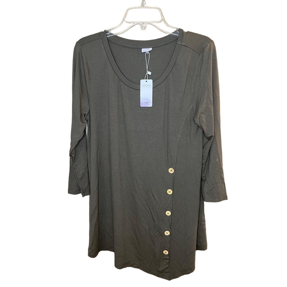 NWT Lascana Olive Long Sleeve Asymmetric Button Detail Decorative Tunic Top 8 10